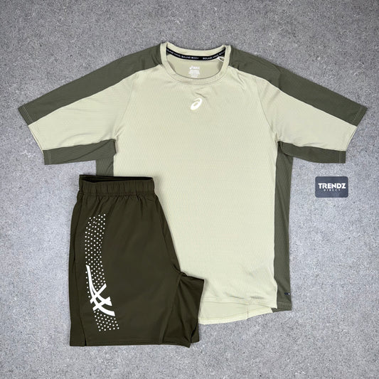 ASICS FUJITRAIL T-SHIRT & ICON SHORTS SET - KHAKI/BROWNSTONE