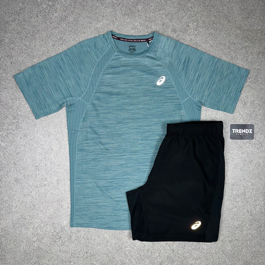 ASICS ROAD SEAMLESS T-SHIRT & SHORTS SET - FOGGY TEAL/BLACK