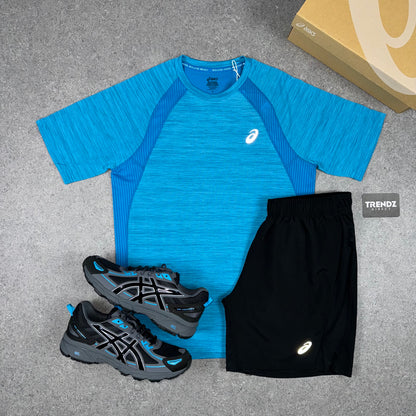 ASICS ROAD T-SHIRT & SHORTS SET - BLUE/BLACK