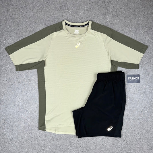 ASICS FUJITRAIL T-SHIRT & PERFORMANCE SHORTS SET - KHAKI/BLACK