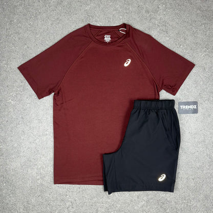 ASICS CORE T-SHIRT & SHORTS SET - DARK RED/BLACK
