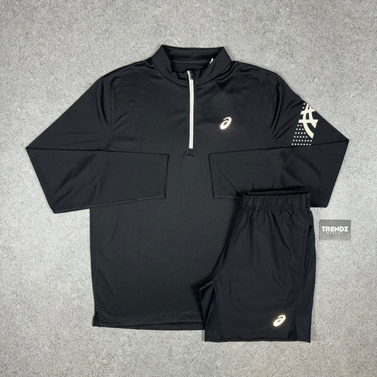 ASICS ICON HALF ZIP & PERFORMANCE SHORTS SET - BLACK