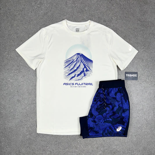 ASICS FUJITRAIL T-SHIRT & SHORTS SET - CREAM/BLUE