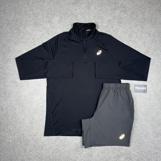 ASICS CORE HALF ZIP & SHORTS SET - BLACK/GREY