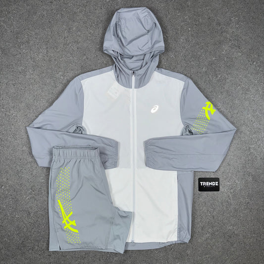 ASICS ICON WINDBREAKER JACKET & SHORTS SET - GREY/VOLT