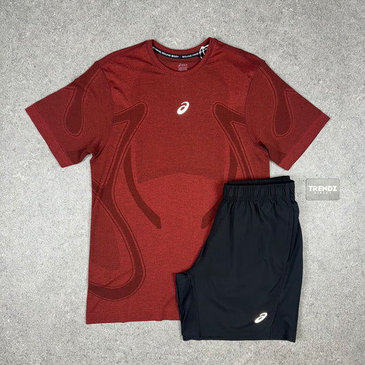 ASICS SEAMLESS T-SHIRT & PERFORMANCE SHORTS SET - DARK RED/BLACK